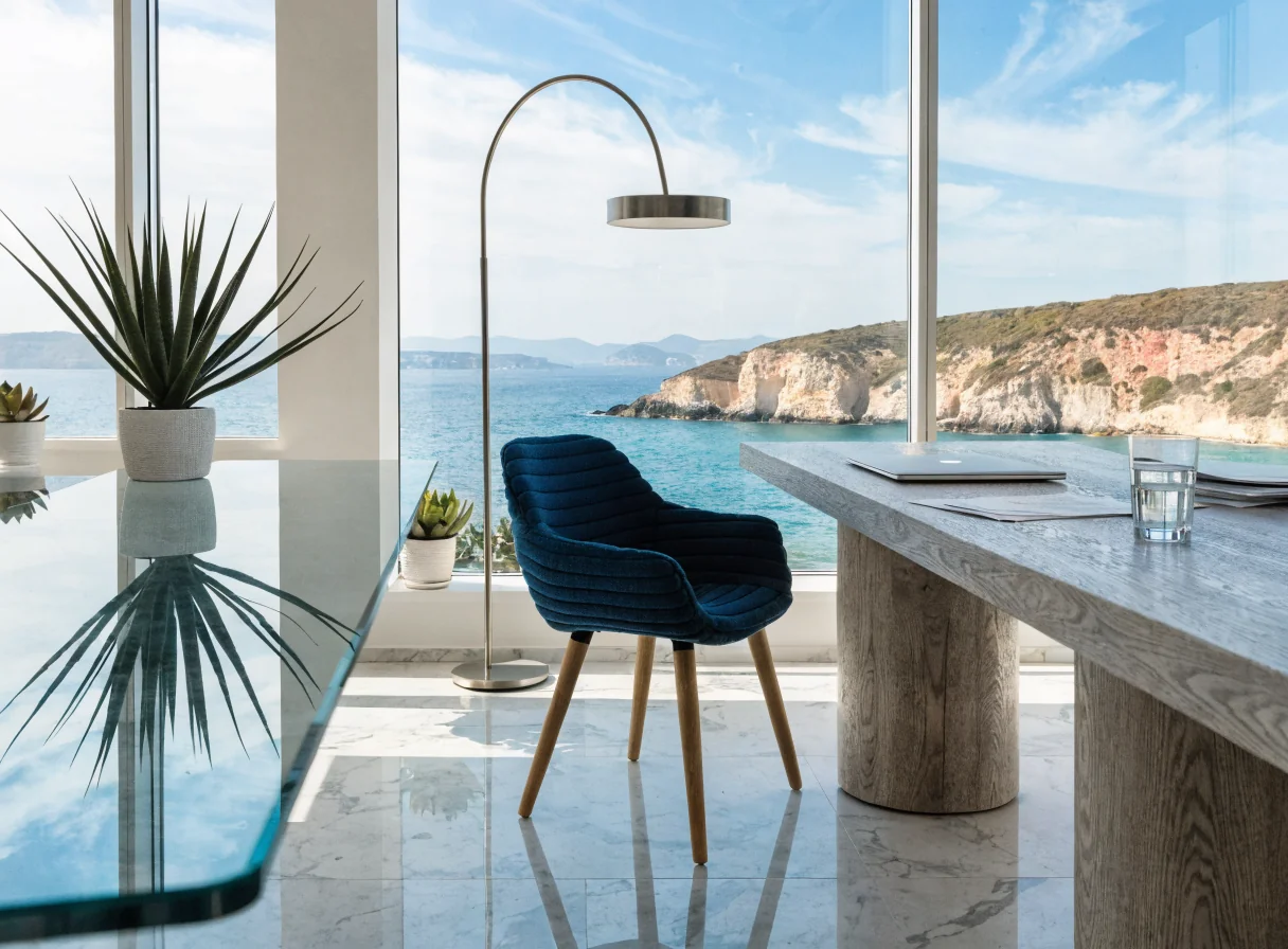 Espace de travail digital moderne avec vue sur la Côte d'Azur