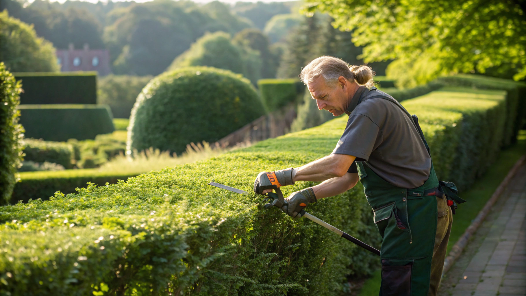 Taille de haies et entretien soigné d'un jardin avec pelouse verte