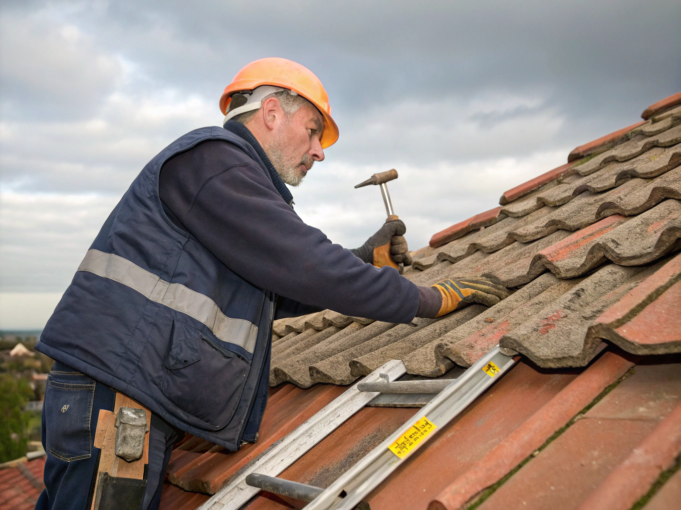 Artisan couvreur en intervention sur toiture en tuiles dans le sud de la France